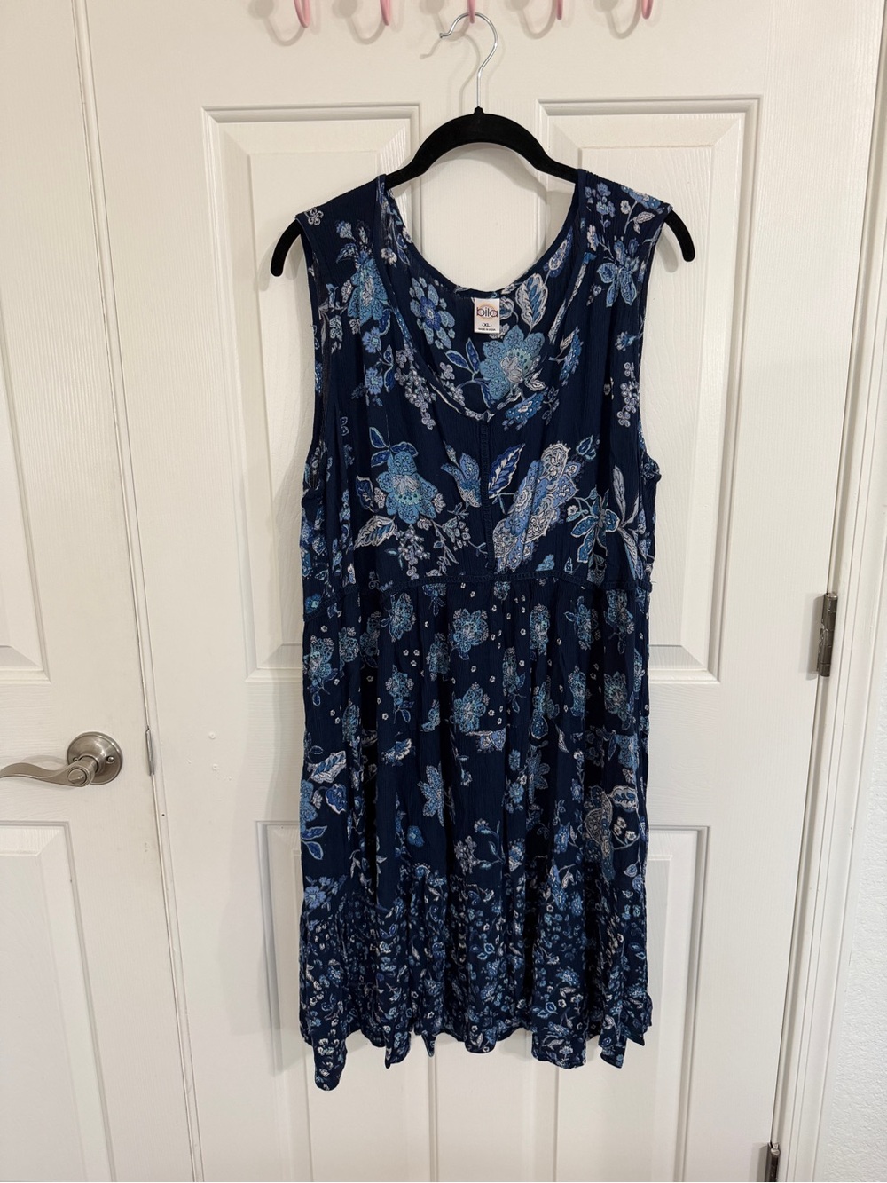 Bila XL Navy Blue Floral Tiered Midi Dress Boho Cottagecore Sleeveless Pockets